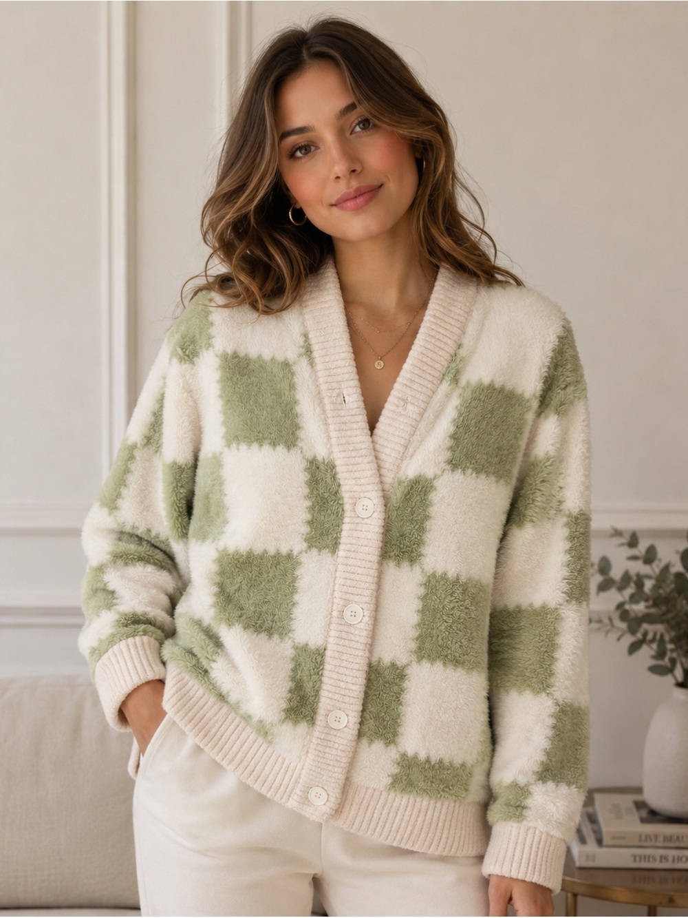 Cozy Checkered Button-Front Cardigan Sweater - Cream & Sage (New/Unworn)